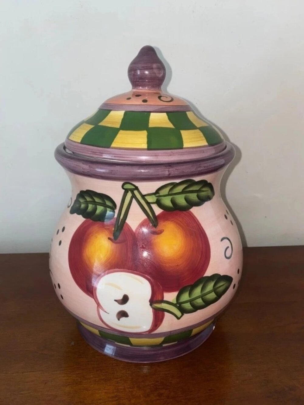 CBK LTD Hand Painted Ceramic Footed Canister W/ Lid X-Large Fruit Checker Design